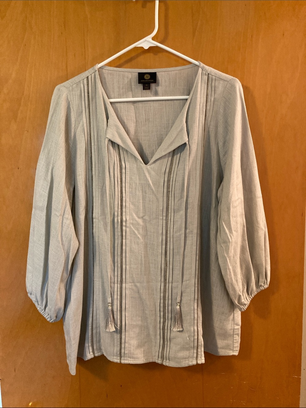 JM Collection Light Tan/cream Pintuck Tunic with Tassel Ties